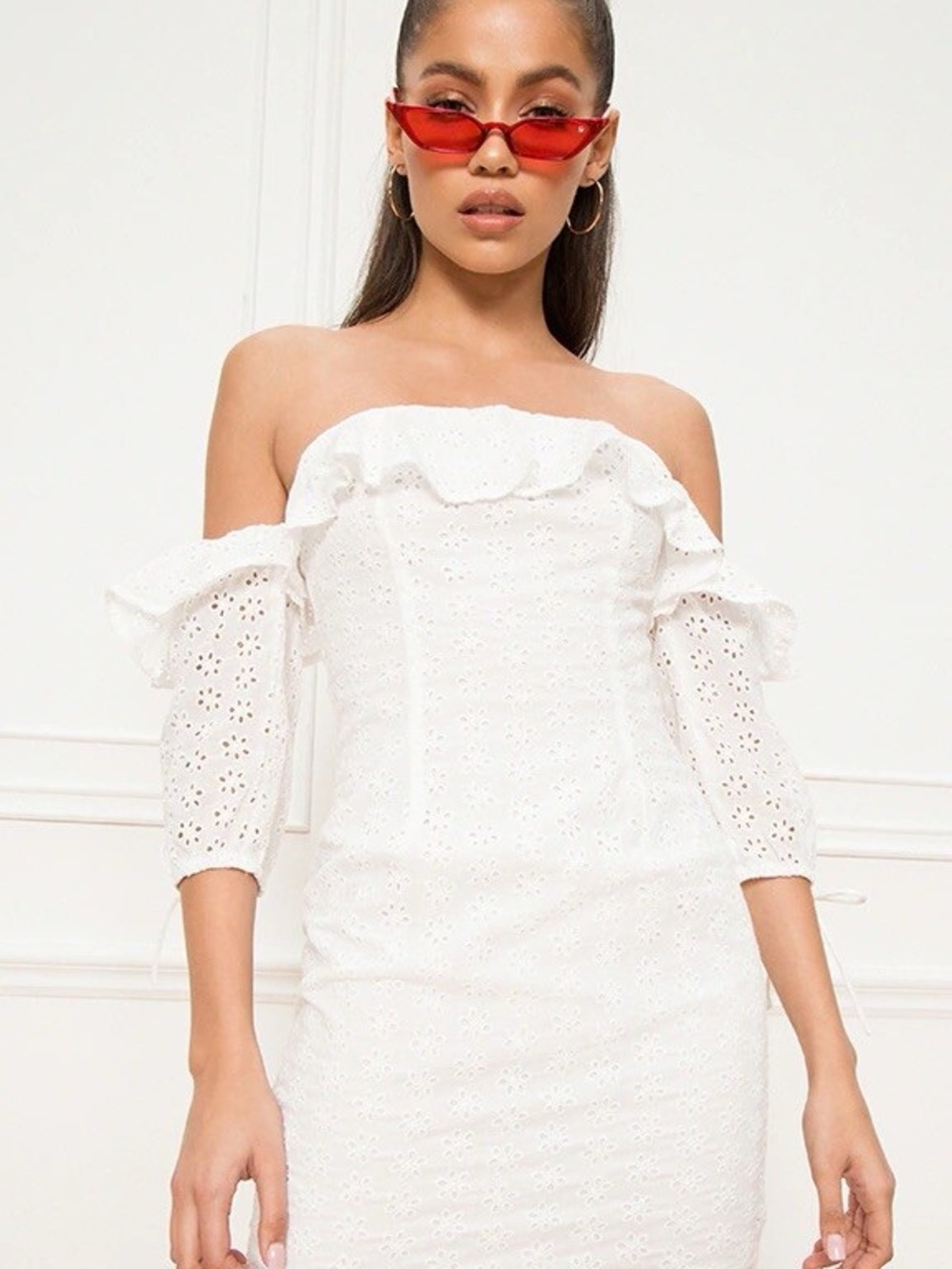 superdown White One-Shoulder Eyelet Ruffle Dress